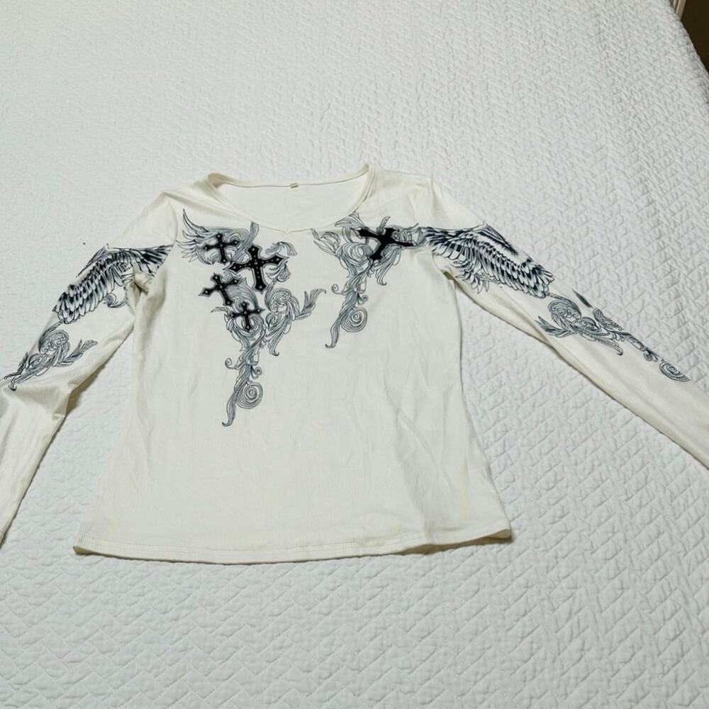 Black and white Cross Angel Wings Rhinestones Goth Y2K inspired womens blouse-M